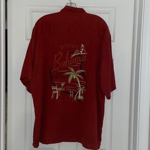 Tommy Bahama Brick Red 100% Silk Embroidered Button Down Short Sleeve Shirt